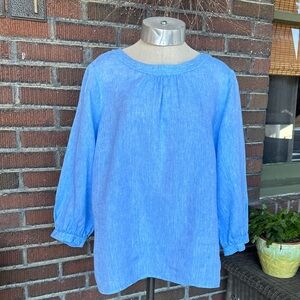 Talbots Blue linen 3/4 sleeve pop over button back top. Size 1X Petite